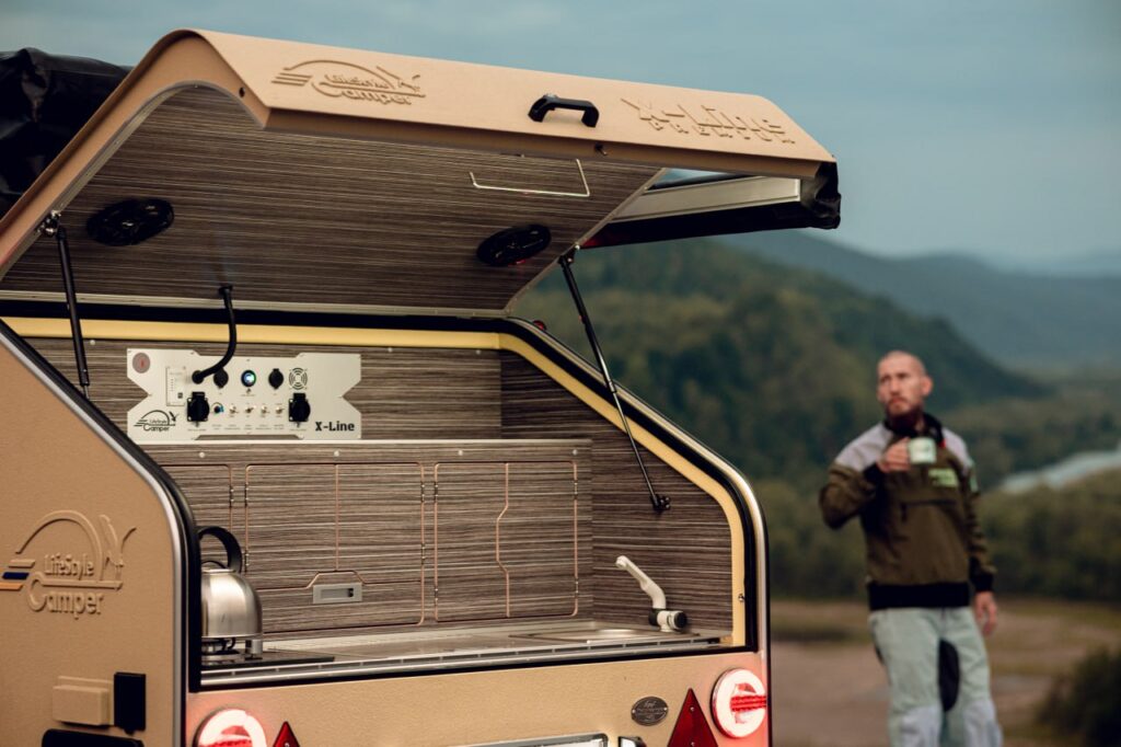teardrop camper with outdoor kitchen