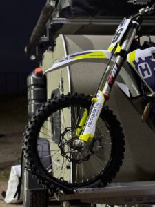X-Line Moto teardrop camper with motorcucle carrier